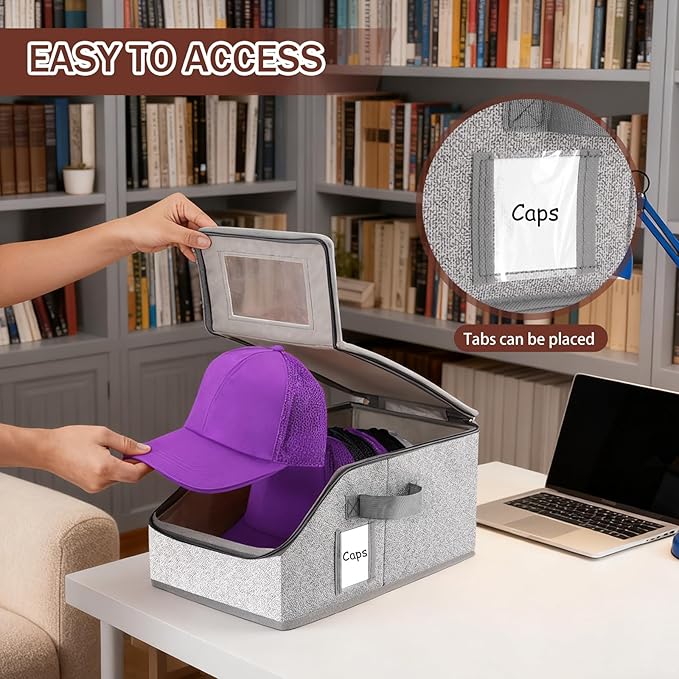 Stackable Hat Organizer for Baseball Caps - Holds 12 Caps, Clear View Lid, Space Saving Closet Storage (Set of 4, Breathable Fabric)