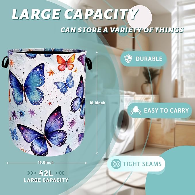 Beautiful Butterfly Laundry Hamper Foldable With Handles Tote Bag Universal Oxford Cloth Colorful Laundry Basket Clothes Toy Storage Bucket 18.9" x 16.5" For Bathroom/Laundry/Bedroom