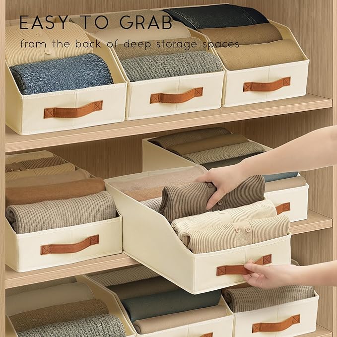 Fabric Storage Bins for Organizing - 12 Pack Large Trapezoid Collapsible Storage Bins with Front Handle, Closet Organizers and Storage for Bedroom, Home Shelves, Small Spaces, Beige