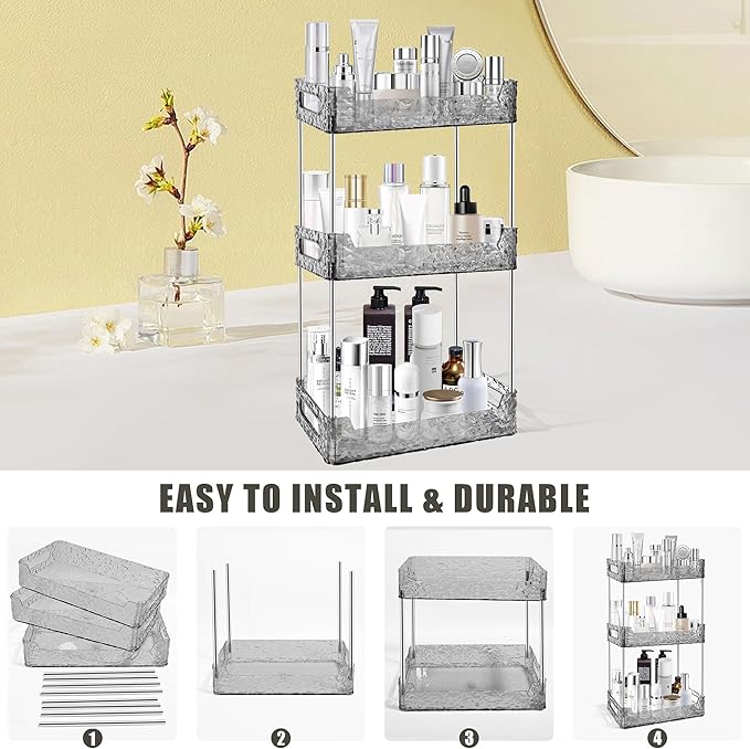 3-Tier Bathroom Counter Organizer Countertop Storage, Dresser Organizer Vanity Tray for Makeup, Perfume Organizer Cosmetics Skincare Shelf - Grey