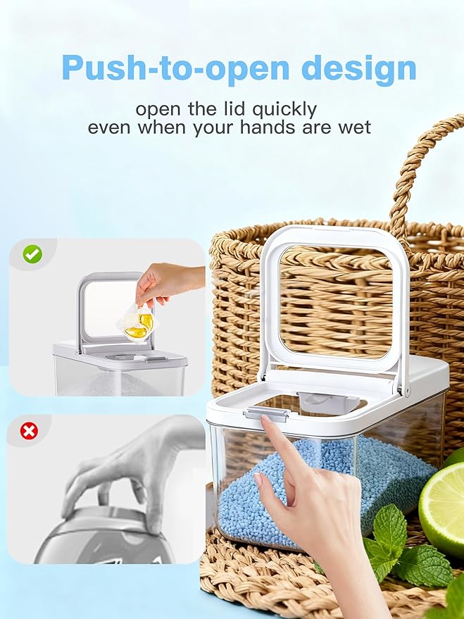 LivLab Mker Laundry Detergent Dispenser with One-Press Lid,Clear PET Powder container with Measuring spoon, Pods container 6L/13Lbs/200oz(290 Pods)