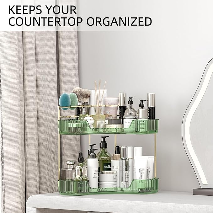 2 Tier Corner Bathroom Organizer Countertop, Vanity Makeup Organizer with Brush Holder, Space-Saving Skincare Storage Corner Shelf for Bathroom, Dressing Table, Kitchen