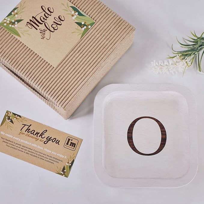 I'm Wooden Personalized Letter Catchall Valet Tray Trinket Dish Jewelry Tray Key Bowl Decorative Plate Organizing Ring Earrings Necklaces Bracelet Watch Coins Wallet Holder (6"x6" Sq White O)