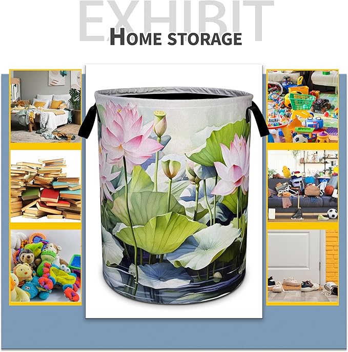 Lotus Laundry Basket Beautiful Flowers Foldable Oxford Cloth Funny Tote Bag Laundry Hamper Clothes Storage Bucket Toy Organizer For Bathroom/Laundry Storage/Bedroom 18.9x16.5 Inch