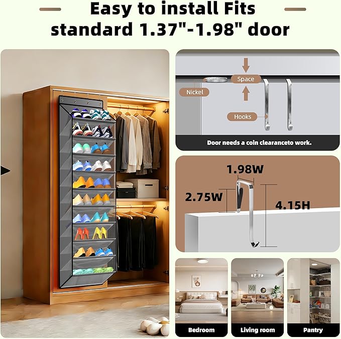 PAULONE 10-Pocket Multi-Use Over The Door Organizer, Heavy Duty 95lbs Capacity with Breathable Mesh, Versatile Hanging Storage for Shoes, Toys, Office Supplies-Slate Grey