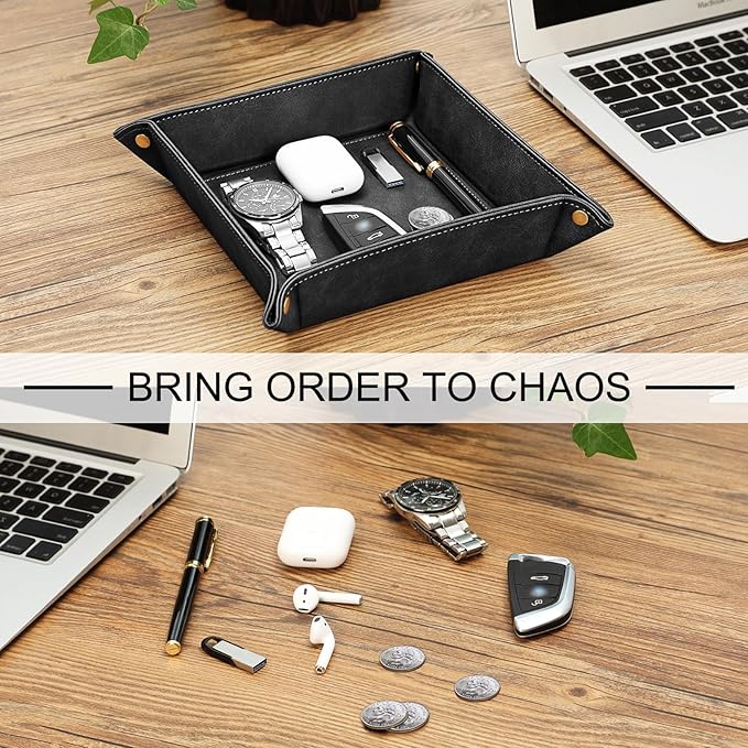 SITHON Valet Tray Desktop Storage Organizer – Premium PU Leather Catchall Bedside Vanity Tray Nightstand Caddy Holder for Remote Controller, Keys, Phone, Wallet, Coin, Jewelry, Black