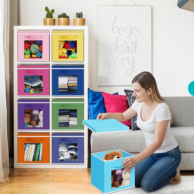 10 Pcs Fabric Storage Cube with Lid 11x11 Inch Fabric Storage Bins with Window Handle Collapsible Cube Organizer Basket for Shelves Closet Bedroom Office Clothes Book Stuffs (Rainbow)