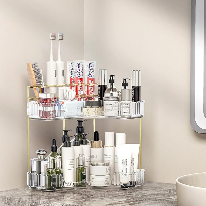 Makeup Organizer Countertop 2 Tier, Corner Bathroom Countertop Organizer with Toothbrush and Makeup Brush Holder, Corner Vanity Tray for Skincare Organization