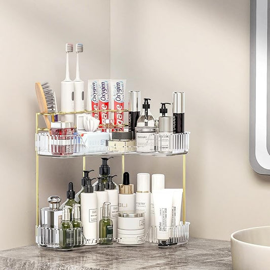 Makeup Organizer Countertop 2 Tier, Corner Bathroom Countertop Organizer with Toothbrush and Makeup Brush Holder, Corner Vanity Tray for Skincare Organization