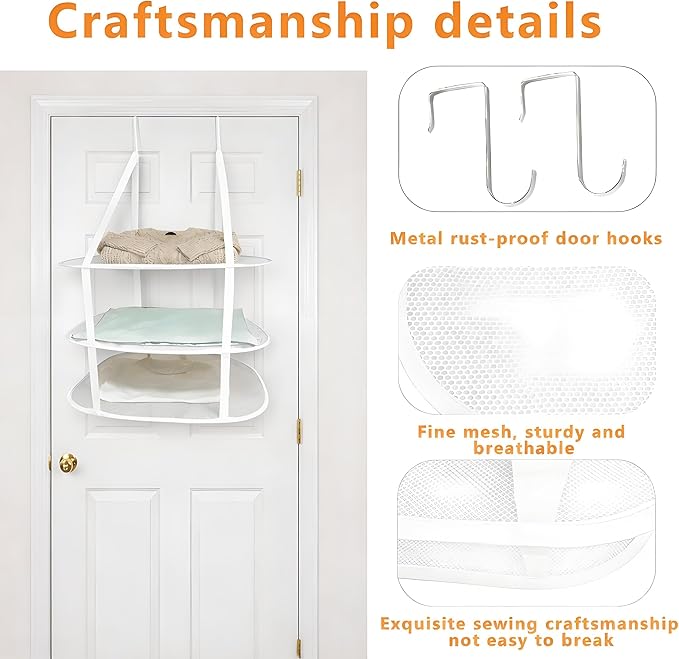 SAMJANE Sweater Drying Rack Hanging – Lay-Flat Warp-Knit Airflow Mesh for Delicates, 3-Tier Foldable Space-Saving Door-Hanging Design for Fast Drying & No Deformation in Small Spaces (White- 3 Pack)