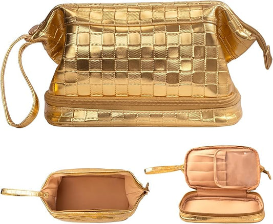 Abiudeng Large Capacity Makeup Bag Ladies Cosmetic Bag Travel Bag with Compartments Portable PU Leather Travel Makeup Bag with Handle