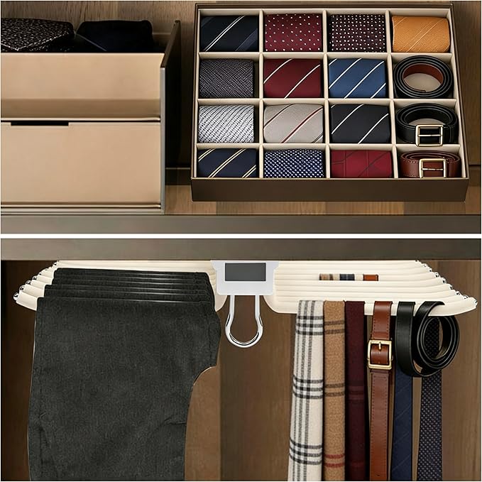 22 Arms Steel Slide Out Pants Rack Closet Pants Hanger Bar Pull Out Trousers Rack Tie Belts Scarf Racks, Top Mounted Wardrobe Clothes Organizers Rail Pull Out Closet Storage Rod-Beige