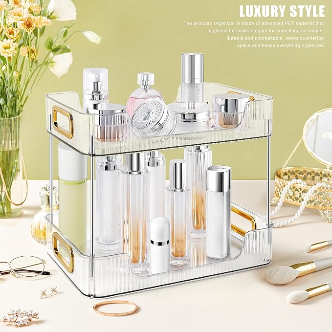 2-Tier Bathroom Counter Organizer Countertop Storage, Dresser Organizer Vanity Tray for Makeup, Perfume Organizer Cosmetics Skincare Shelf - Clear
