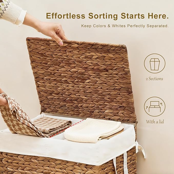 2-Section Laundry Hamper with Lid, Large Capacity Woven Natural Water Hyacinth Laundry Sorter with Removable Liners, Rolling or Non-Slip Design for Bedroom (Espresso, 2-Section)