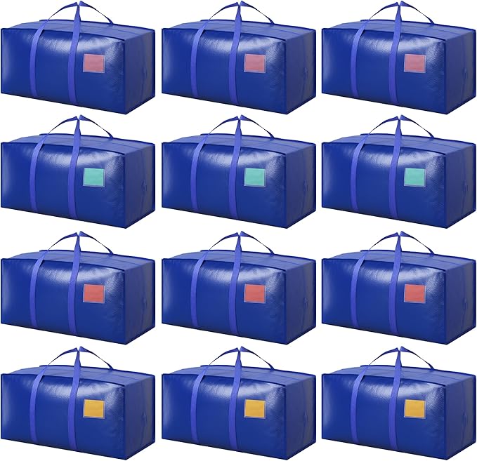 12 Pack Extra Large Heavy Duty Moving Bags with Reinforced Zipper & Wide Handles, Waterproof Storage Bins Packing Cubes for Clothes, College Dorm, Travel, and Home Organization, Blue