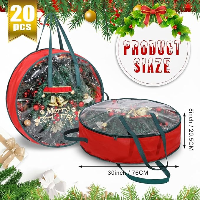 Shappy 20 Pcs Christmas Wreath Storage Bag Clear Wreath Box Storage Containers with Clear Window and Handle Christmas Garland Containers for Xmas Holiday Seasonal Bags (30inch)