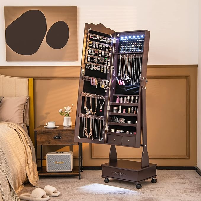 CHARMAID Rolling Jewelry Armoire with Full Length Mirror, Lockable Stand up Jewelry Cabinet with Lights and Wheels, Standing Jewelry Organizer with Drawers, Mirror with Jewelry Storage (Espresso)