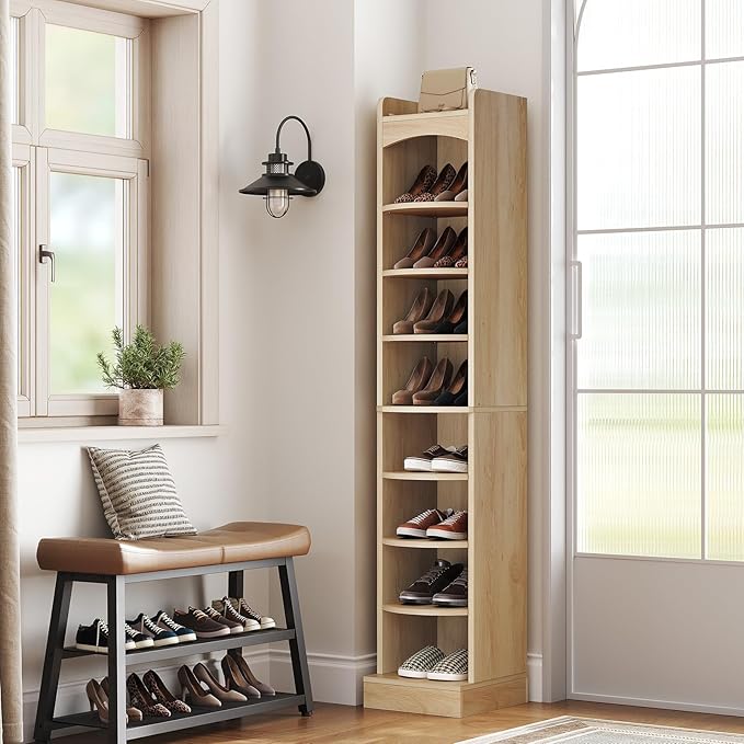 9-Tier Tall Shoe Rack, Wooden Shoe Storage Organizer, Narrow Shoe Cabinet with Removable Shelves for Small Spaces, Holds 18 Pairs of Shoes, for Entrance, Hallway, Natural SS02NL
