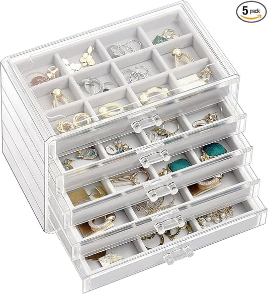 ProCase Earring Holder Organizer Jewelry Box with 5 Drawers, Acrylic Clear Earring Case with Adjustable Velvet Trays for Women - Grey, 5 Layers