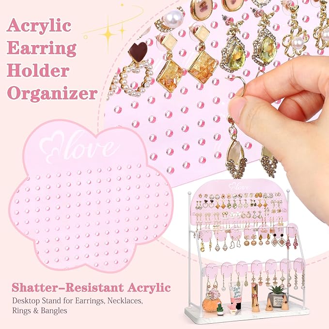 Keebofly Acrylic Earring Organizer Stand for Girls & Teens, Large 300 Holes & 14 Hooks Jewelry Display Holder for Studs, Hoops, Dangles, Necklaces & Bracelets, Vanity Desk Storage Decor, Pink