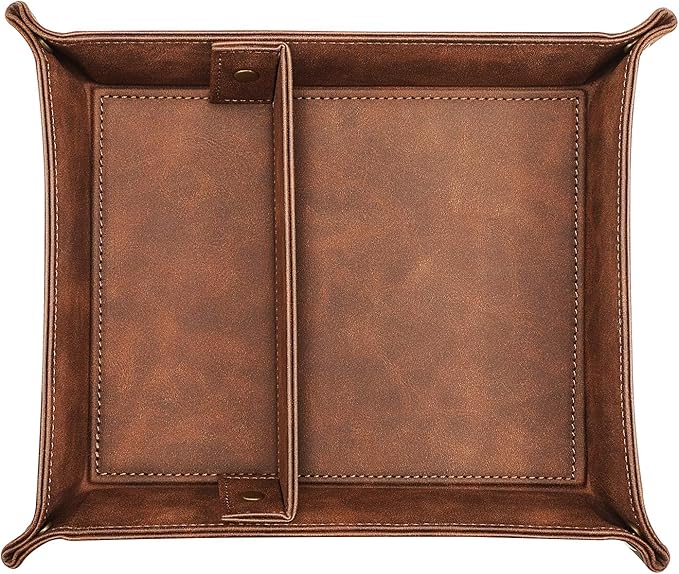SITHON Valet Tray Desktop Storage Organizer, Removable 2 Compartments Catchall Tray Bedside Vanity Nightstand Caddy Holder Desk Storage Plate, Brown