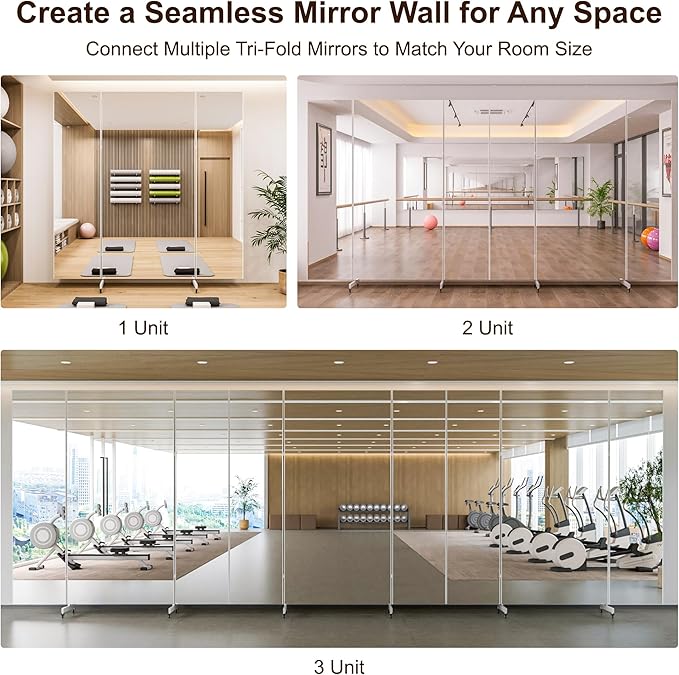 Brisafe 81" x 95" Extra Large Full Length Tri-Fold Mirror on Wheels, Stand Up Movable Floor Mirror with Stand, 3-Way Folding Standing Mirror for Gym, Dance Studio, Fitness Room & Home, Silver