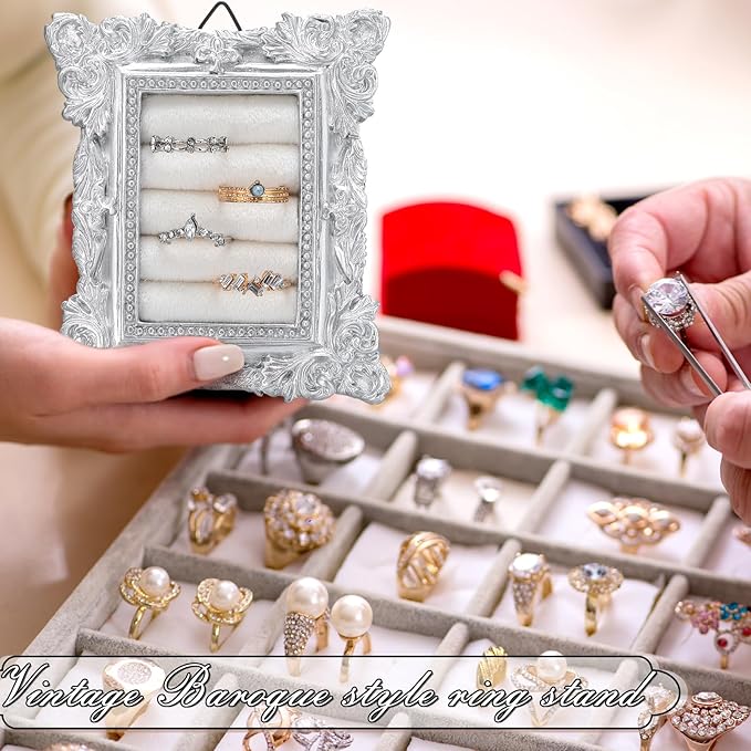 Vintage Ring Holder Rectangle Sliver Ring Display Stand Frame Earring Display Tray Anniversary Engagement Baroque Wedding Jewelry Organizer Photograph Prop for Women Christmas Gift
