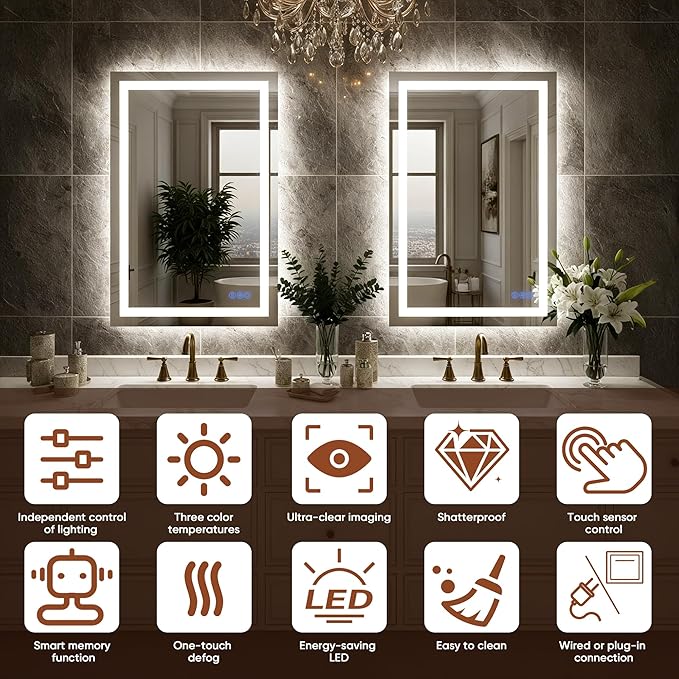 LED Bathroom Mirror with Lights 24"x36", Wall-Mounted Vanity Mirrors Front & Backlit Separate Light Control Stepless Dimmable Anti-Fog Memory 3 Color Temperatures Shatter-Proof Tempered Glass
