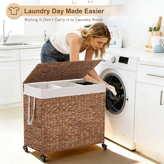 3-Section Laundry Hamper with Lid, Large Capacity Woven Natural Water Hyacinth Laundry Sorter with Removable Liners, Rolling or Non-Slip Design for Bedroom (Espresso, 3-Section)
