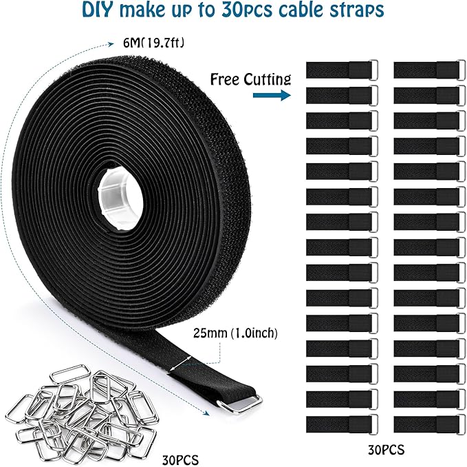 1"x19.7ft Hook and Loop Straps with 30 Buckles Adjustable Cut-to-Length Cable Ties - Reusable Nylon Fastening Tape Cable Straps for Storage or Organization (1in x 19.7ft)