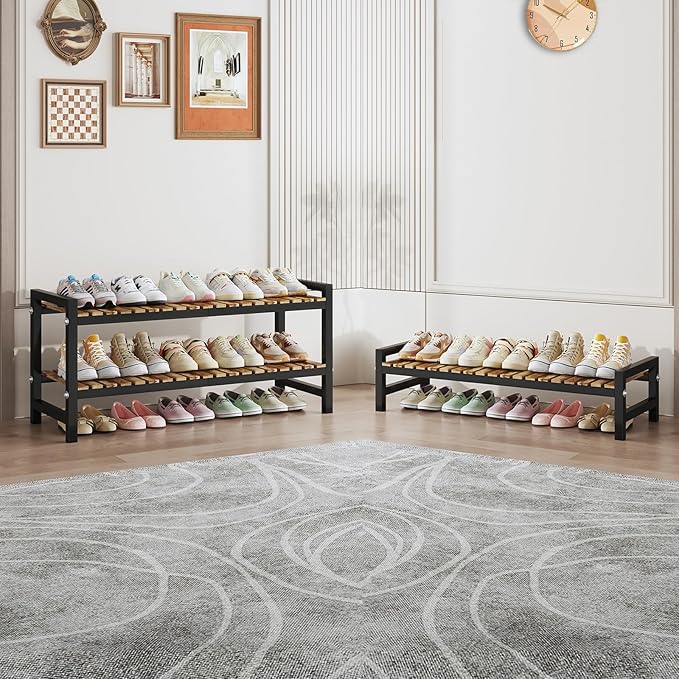 Shoe Rack Organizer for Small Spaces 1 Tier Long Narrow Shoe Stand, Closet Shoe Rack, Small Shoe Shelf for Closet Entryway Corner Garage and Bedroom Front Door - Shoe Storage Combining Wood and Metal