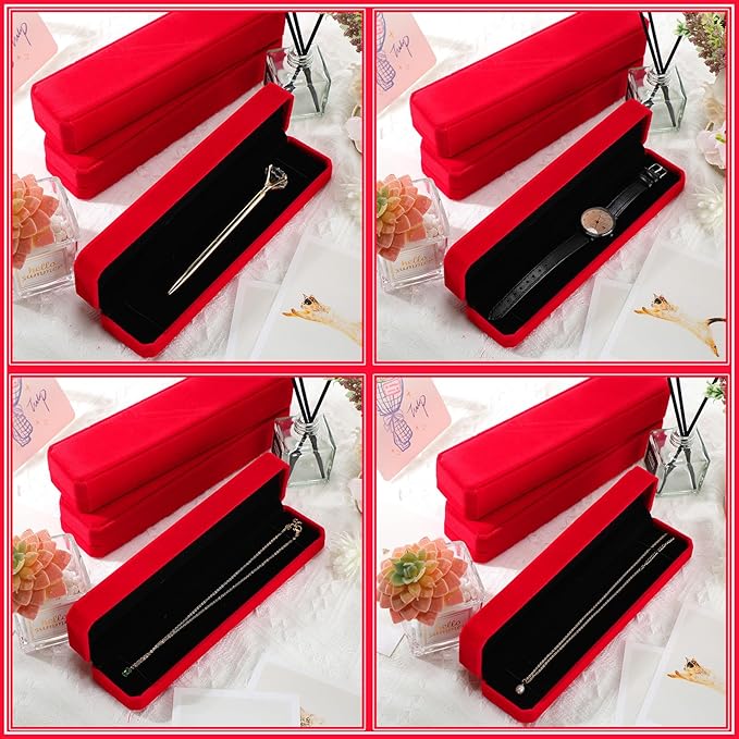 Batiyeer 24 Pcs Velvet Bracelet Box Bulk Jewelry Chain Necklace Box Bracelet Storage Case Long Jewelry Case for Valentine Wedding Pendant Display, 8.86 x 2.13 x 1.38 Inch(Red)