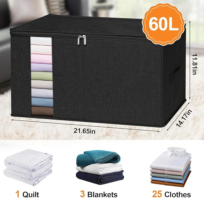 punemi 2 Pack Clothes Storage, Sturdy Blanket Storage Bags with Side Bottom Support, Storage Containers for Organizing Bedroom Closet Clothing Comforter, Organization and Storage W/Lids Handle,Black