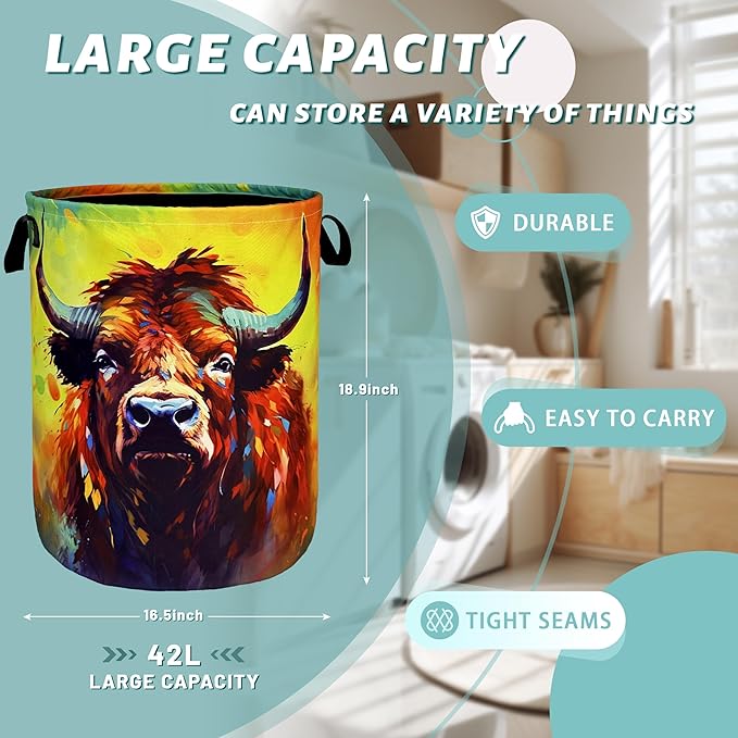 Highland Cow Laundry Hamper Foldable With Handles Funny Animal Tote Bag Oxford Cloth Colorful Laundry Basket Clothe Toy Storage Bucket 18.9"x16.5"For Bathroom/Laundry/Bedroom