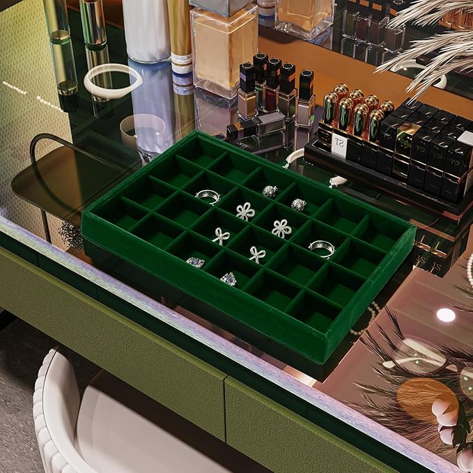 24 Girds Jewelry Ring Tray Earring Organizer Tray Green Velvet Jewelry Organizer Display Trays for Ring Earrings Storage (Green)