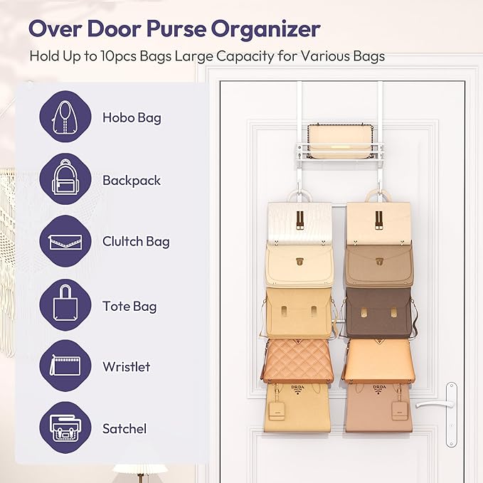 SWTYMIKI Over The Door Purse Organizer - Wall Mounted Handbag Organizer with 10 Hooks and Metal Basket, Hanging Purse Storage Rack Holds up to 10 Bags, Bag Rack Can Use As 1/2 Part, for Door, Closet