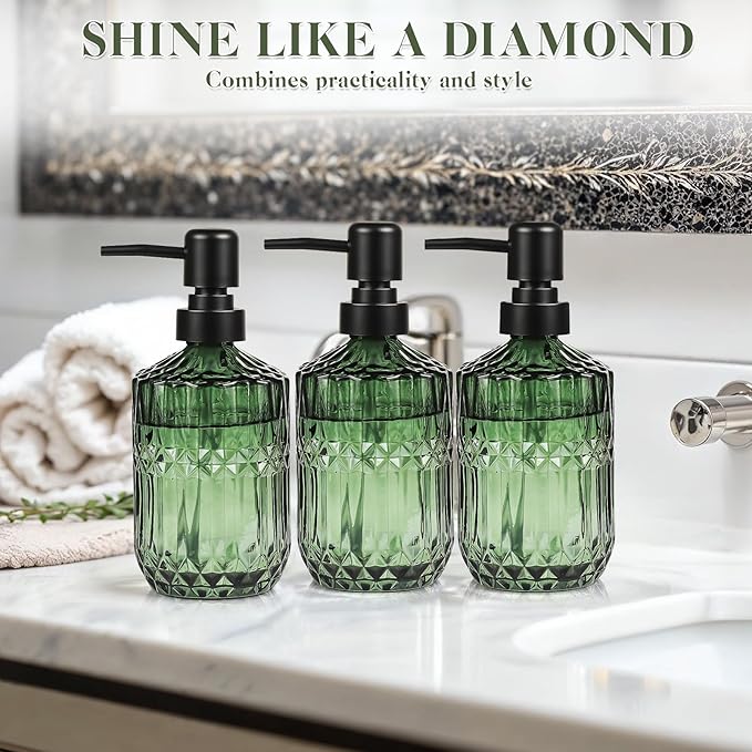 6 Pack Glass Soap Dispenser with Pump 15.2 oz Refillable Liquid Hand Soap Dish Soap Dispensers Vintage Soap Dispenser Liquid Bottle for Kitchen Sink Bathroom Counter(Green,Black Pump Head)
