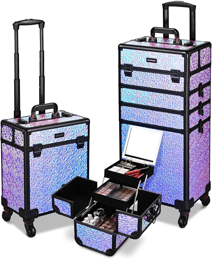 BYOOTIQUE Rolling Makeup Case on Wheels 3-Piece Lockable Cosmetology Organizer Kit Hair Tool Travel Bag for Lash Artist Nail Slon Beauty Studio Hairstylist Esthetician,Mermaid Purple