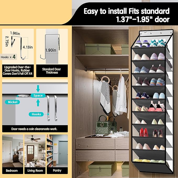 10 Tier Hanging Shoe Rack - Heavy Duty Behind The Door Hanging Shoe Rack, Sturdy Oxford Cloth, 20+ Pairs Over The Door Shoe Cabinet for Boots and Sneakers - Save 50% Closet Space! (Piano White)