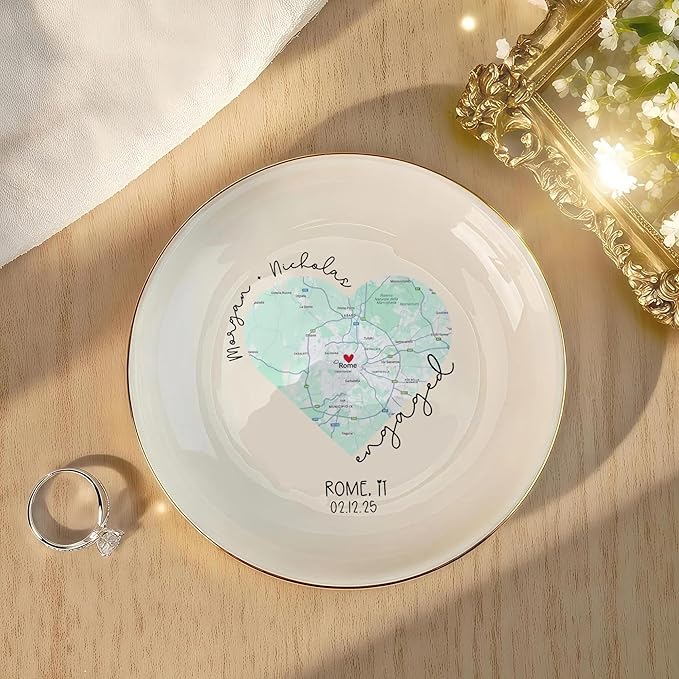 Chillever Custom Map Engaged Trinket Dish, Location Engagement Gifts For Couple Jewelry Tray, Ring Dish, Newly Engaged Ring Holder Best Gift For Lover 2