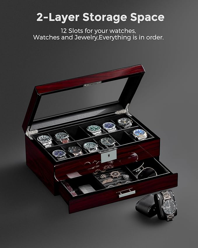 ANWBROAD 12 Slot Watch Cases for Men, Watch Box with Large Lid Jewelry Box with Watch Storage 2-Tier Paint Surface, Watch Holder Organizer for Men Lockable Watch Display Case UJWB001Y
