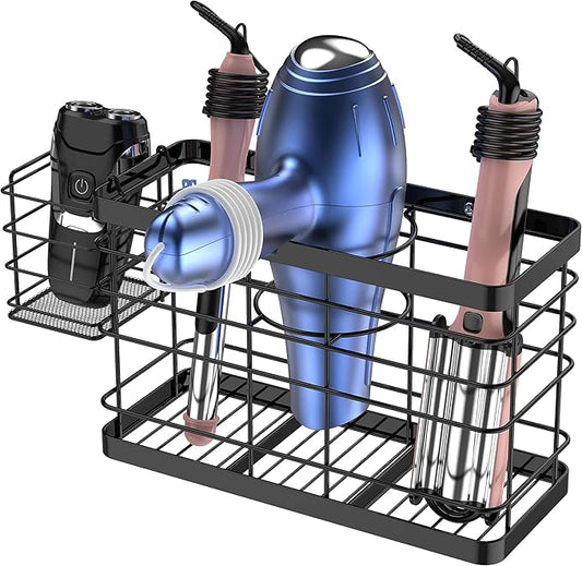 Hair Tool Organizer - Black Steel Wall Mounted Hair Dryer Holder with Removable Basket, 10.62"L x 4.33"W x 6.69"H, Ideal for Small Bathrooms