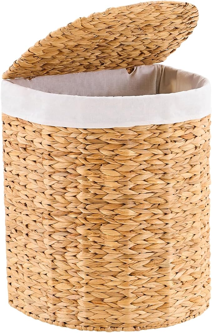 Half Round Wicker Laundry Hamper with Lid and 2 Removable Liner Bags, Handwoven Natural Water Hyacinth Laundry Basket for Dirty Clothes, Natural