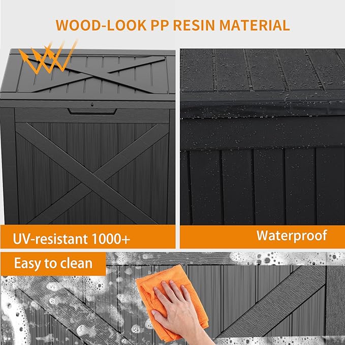 Vixzen 32 Gallon Waterproof Resin Deck Box, UV Resistant Outdoor Storage for Garden, Patio, Porch, Delivery（Black，32 Gallon）