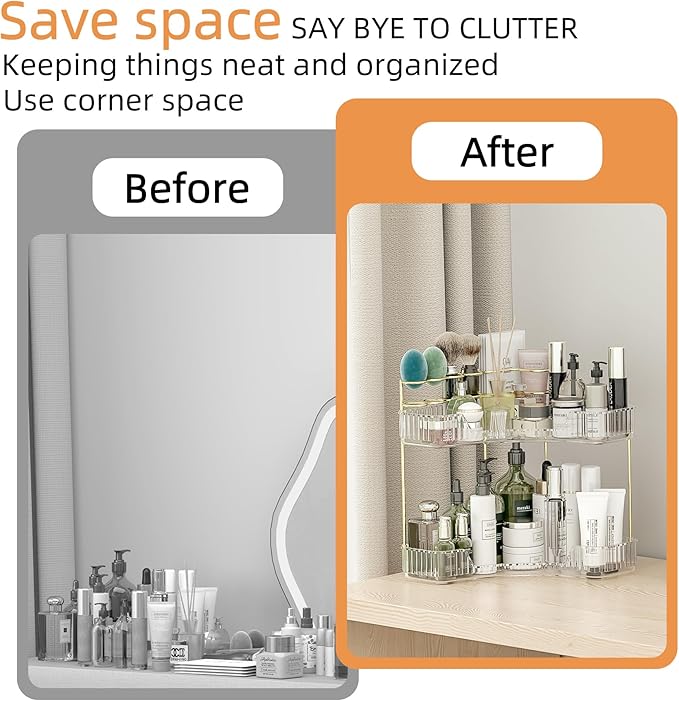 Makeup Organizer Countertop 2 Tier, Corner Bathroom Countertop Organizer with Toothbrush and Makeup Brush Holder, Corner Vanity Tray for Skincare Organization