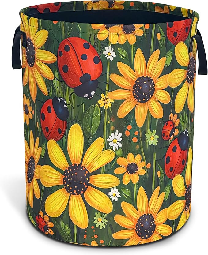 Ladybug Sunflower Laundry Basket Cartoon Oxford Cloth Laundry Hamper Funny With Handle Foldable Portable Clothes Storage Basket 18.9 X 16.5 In Storage Bag For Laundry Room/Bathroom/Bedroom/Dormitories