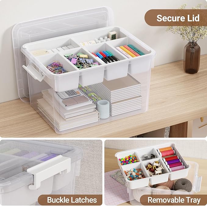 80Qt Large Stackable Storage Bins with Lids & Trays, Clear Plastic Latching Boxes Organizers with Dividers Portable 20Gal Containers for Arts & Crafts, Home and Car Trunk Organization, 2Pack
