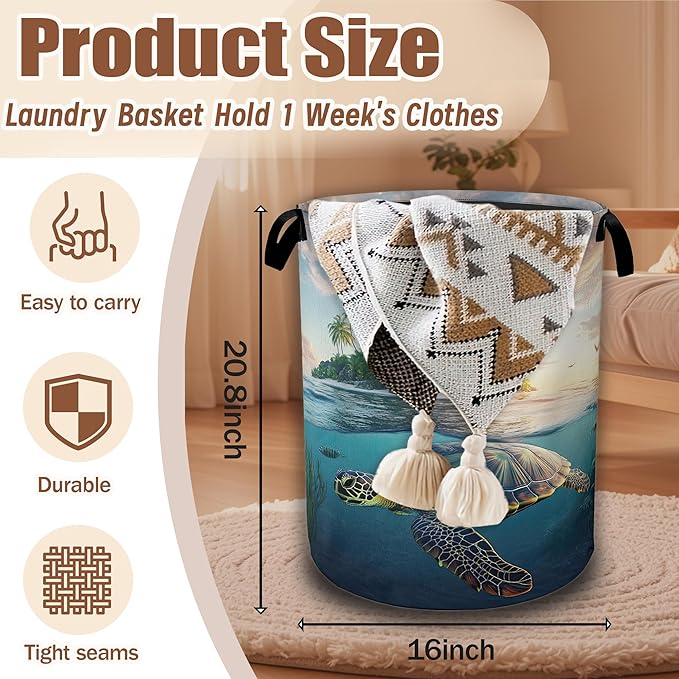 Sea Turtle Tropical Island Laundry Hamper,Laundry Baskets,Waterproof Oxford Cloth Toy Storage for Bedroom,Bathroom,Nursery,16x20.8 Inch