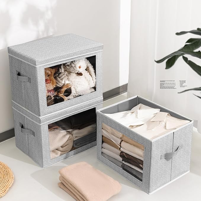 Storage Bins with Lids, 3 Pack Large Storage Cubes with Window, Closet Bins with Lids & Handles, Fabric Box for Organizing Clothes, Towels, Books, Blended