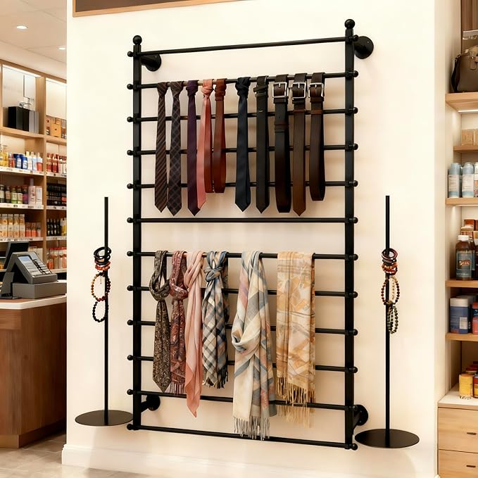 12 Layers Black Wall Display Stand Wrapping Paper Ribbon Organizer Holder Storage Scarf Tie Belt Towel Spool Sewing Tool Hijab Metal Shelving for Home, Retail Stores, Flower Shop,Studio-120cm